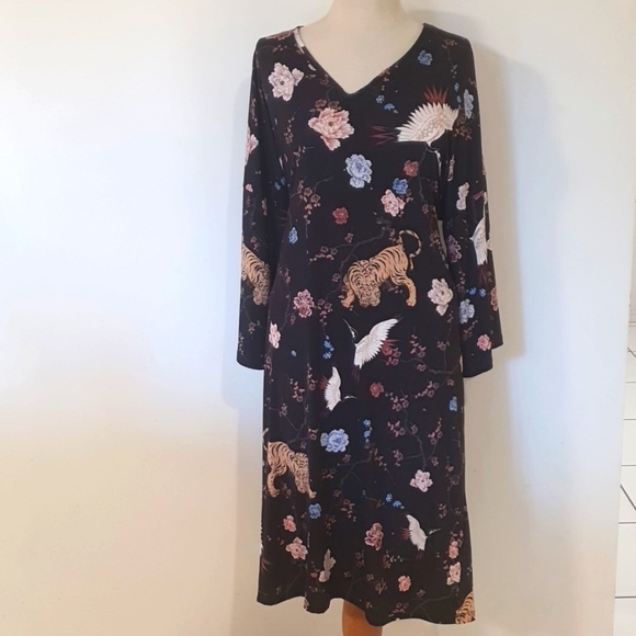 Zara | Kimono Sleeve Oriental Print Self-Tie Kaftan Dress | Approx Size 16/ US S - Picture 3 of 13